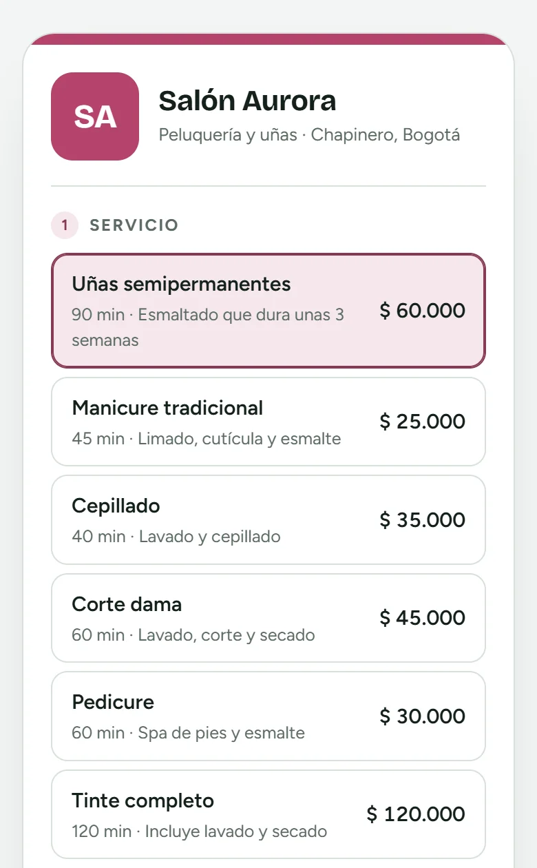 Página de reservas de un salón de ejemplo en Al Día